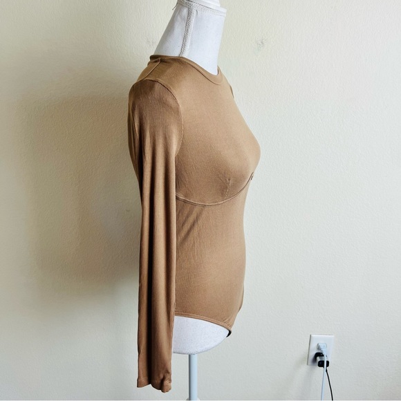 NWT Shein X Designer Brown Ribbed Long Sleeve Floral Bustier Bodysuit - Picture 4 of 5